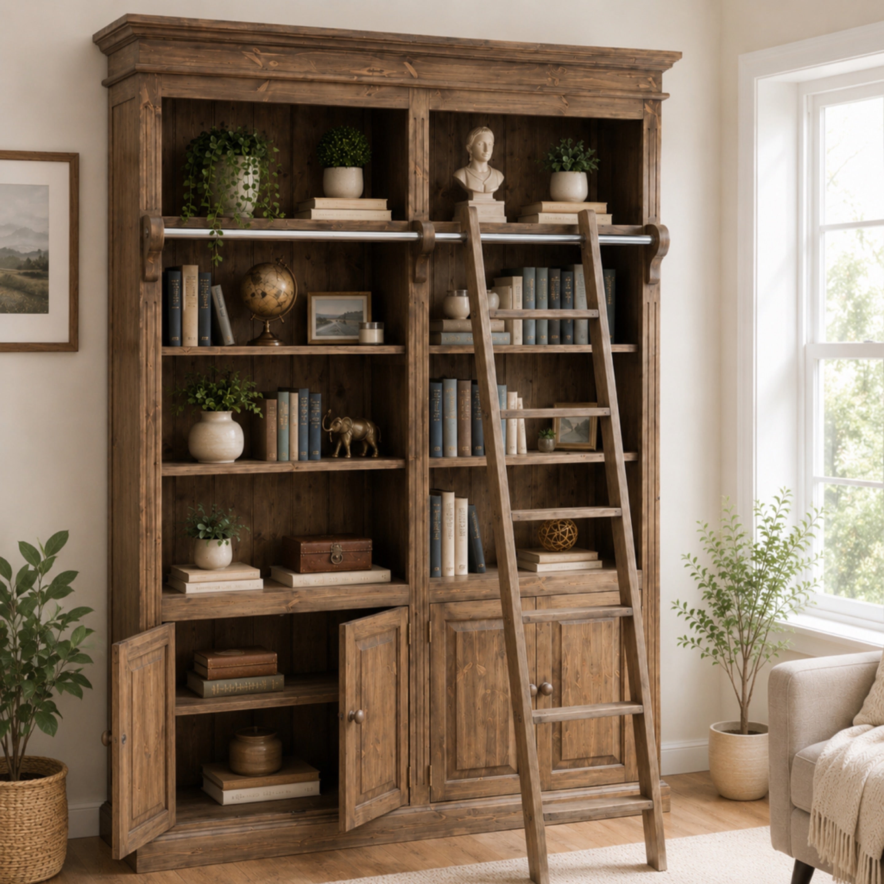 Solid Pine 8ft Tall Bookcase with Cupboards, Adjustable Display "Heavy ...